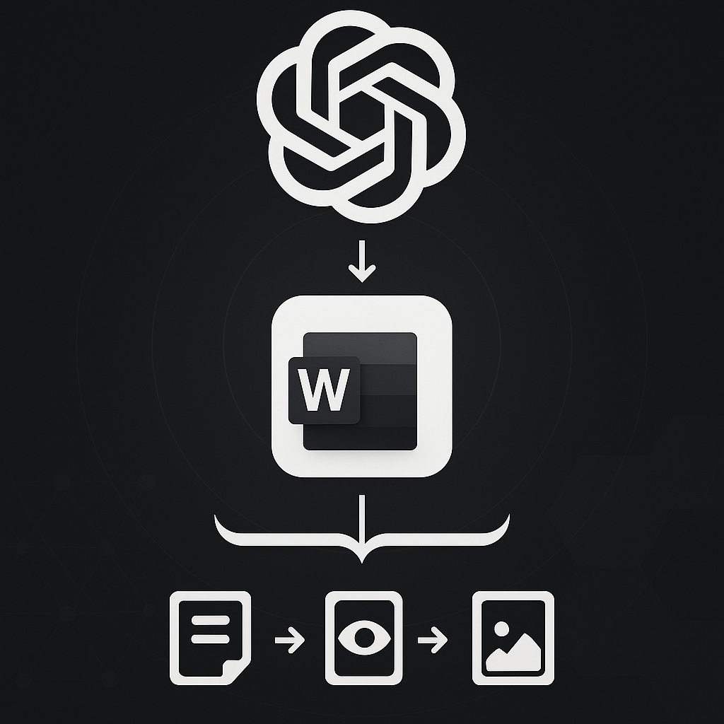 Image showing ChatGPT then an arrow pointing to the Word Document logo, then a diagram showing the document going from just text to an eye to an image.